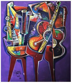 ....Guitarra y Flauta.... Acrylschilderij van Simeon Gonzales (Peru) 150 cm x 120 cm , gesigneerd aan de voorzijde + certificaat van echtheid 2019, met 2 stickers en code.  Het schilderij kan op aanvraag opgespannen worden op een stevig houten spieraam, of opgerold worden verzonden in een stevige koker.Uiteraard kan het eerst bezichtigd worden in Terneuzen, van harte welkom! Telefoon: 0115 620556 , 06-31957298 op afspraak op een dag en tijd die u het beste uitkomt. €695,-